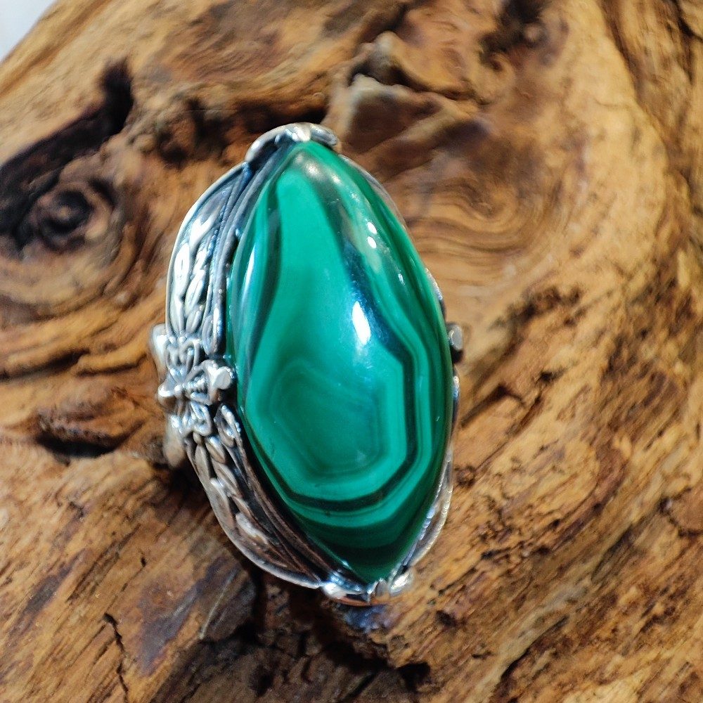 Anello etnico in argento 925 con pietra - GYARAM – malachite