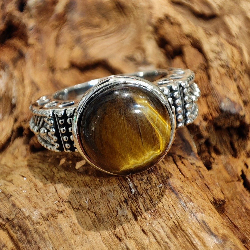 Anello etnico in argento 925 con amazzonite - BLADIYA – occhio di tigre