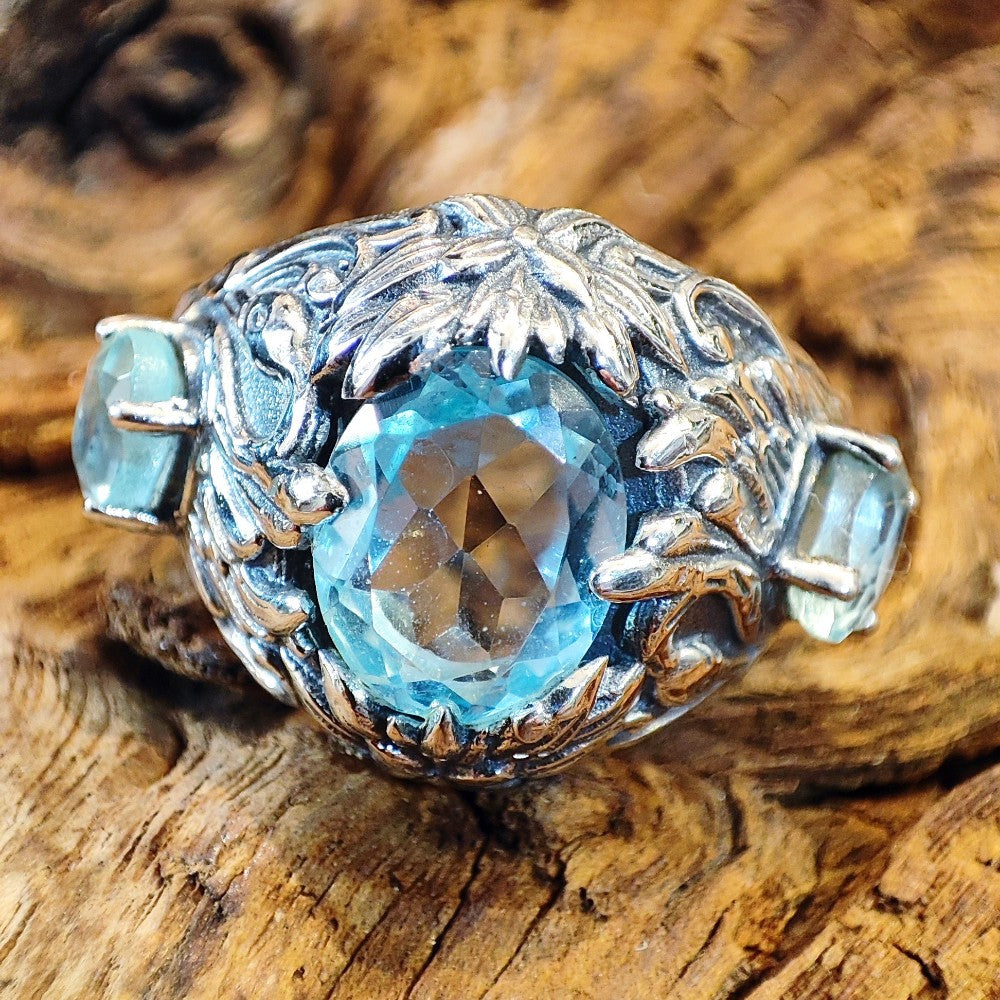 Anello etnico con pietra in argento 925 - CHANDLA – topazio azzurro
