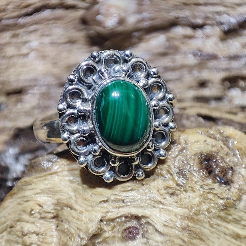 Anello etnico con pietra in argento 925 malachite - LARUNA