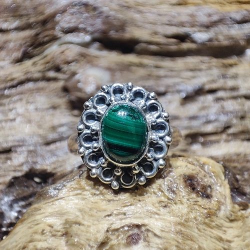 Anello etnico con pietra in argento 925 malachite - LARUNA