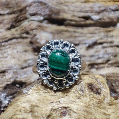Anello etnico con pietra in argento 925 malachite - LARUNA