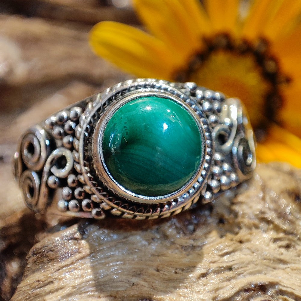 Anello etnico con pietra in argento 925 - IONOS – malachite