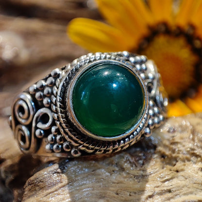 Anello etnico con pietra in argento 925 - IONOS – agata verde