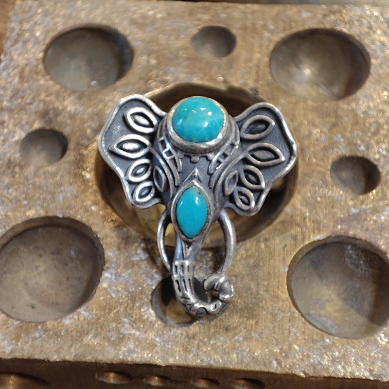 925 Silver Ethnic Elephant Ring with Stone - ATAIKULA