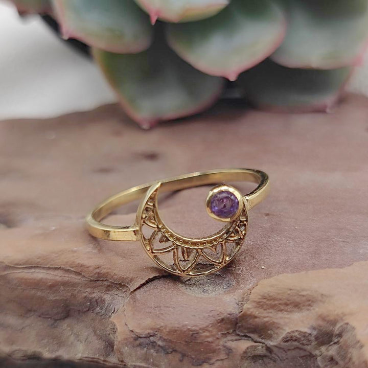 ANELLO in ottone con mezza luna e ametista - PAMUR