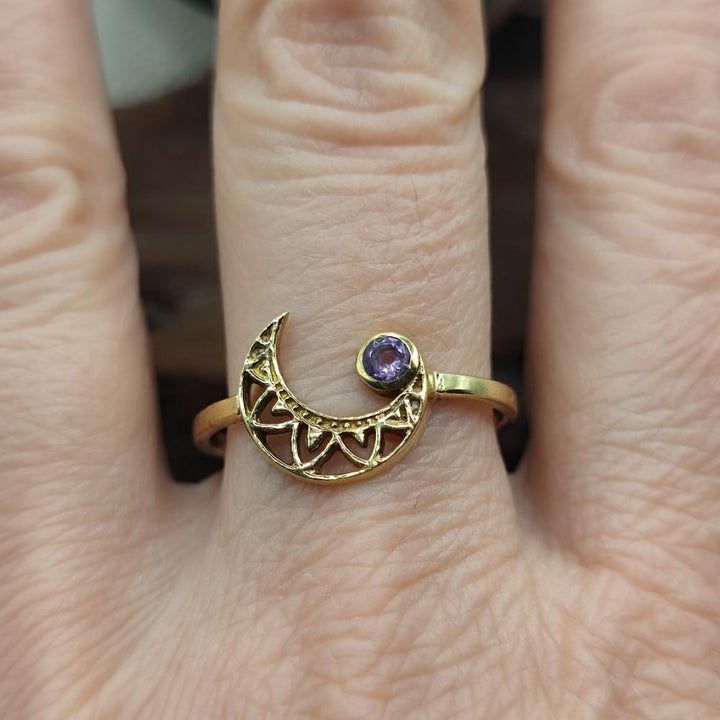 ANELLO in ottone con mezza luna e ametista - PAMUR