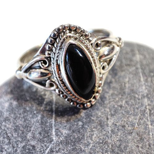ANELLO artigianale in argento 925 con Pietra di Luna - DIANA – onice nero