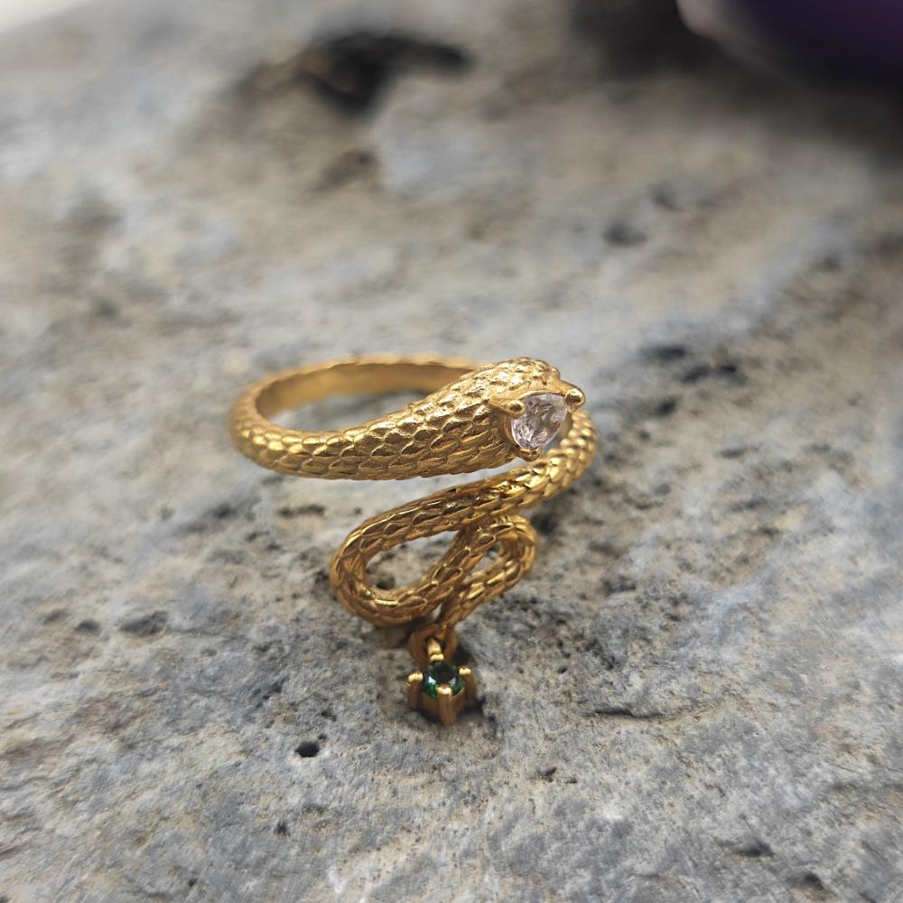 ANELLO serpente in ottone quarzo rosa - SATOS