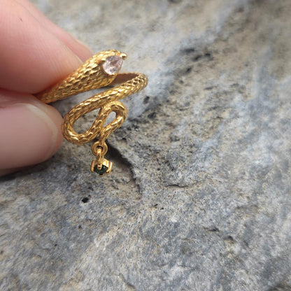 ANELLO serpente in ottone quarzo rosa - SATOS