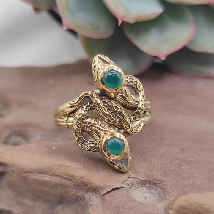 Anello etnico serpenti in ottone con turchese - PALWANCHA