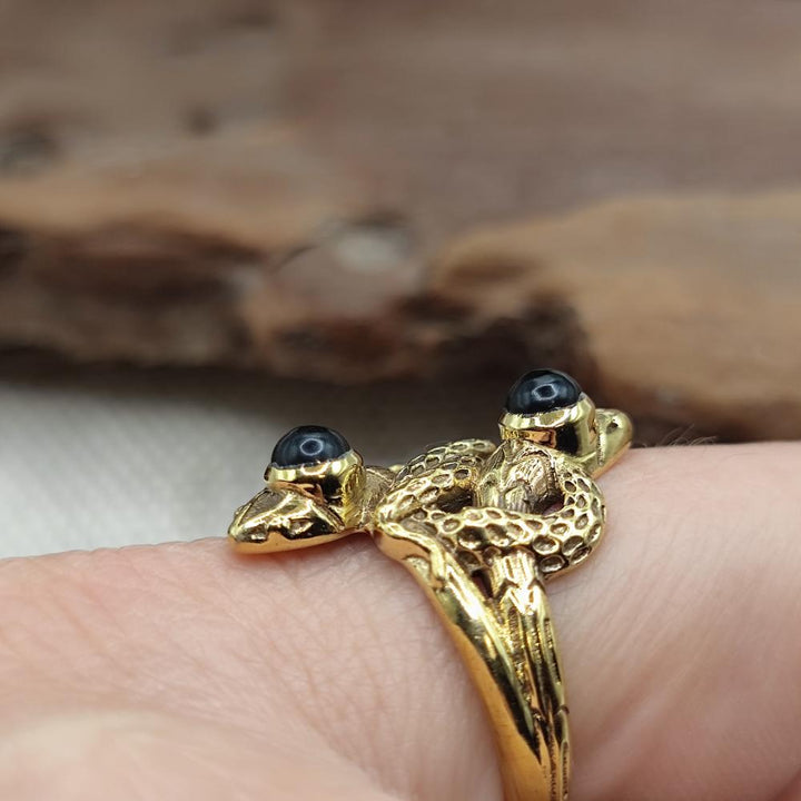 Anello etnico serpenti in ottone con turchese - PALWANCHA