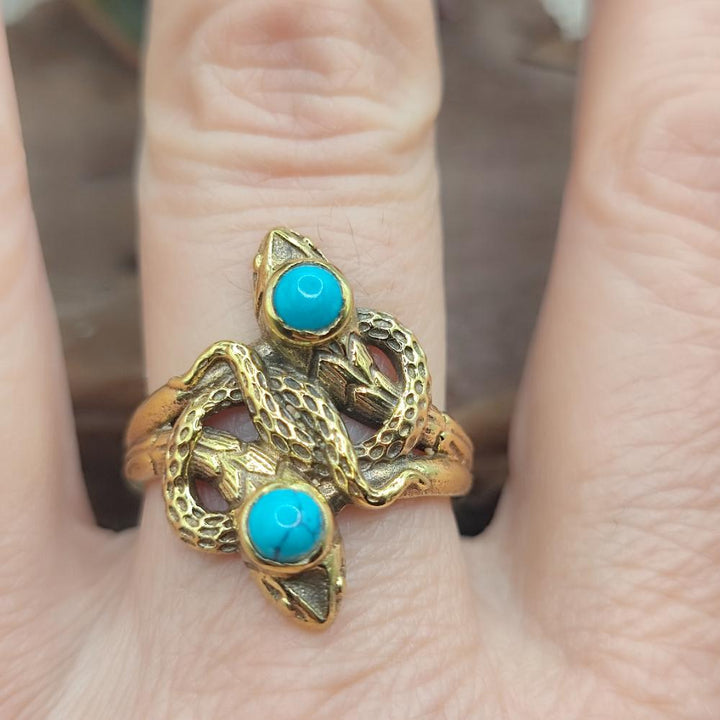 Anello etnico serpenti in ottone con turchese - PALWANCHA