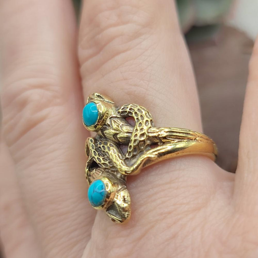 Anello etnico serpenti in ottone con turchese - PALWANCHA