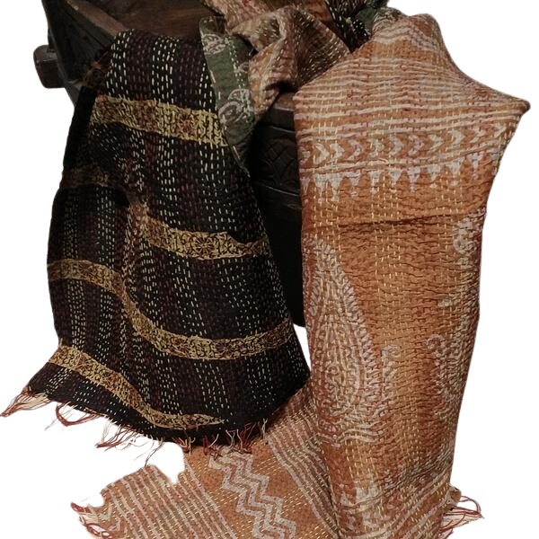 Sciarpa KANTHA con tessuti vintage misto seta ricamo a mano beige-bordeaux