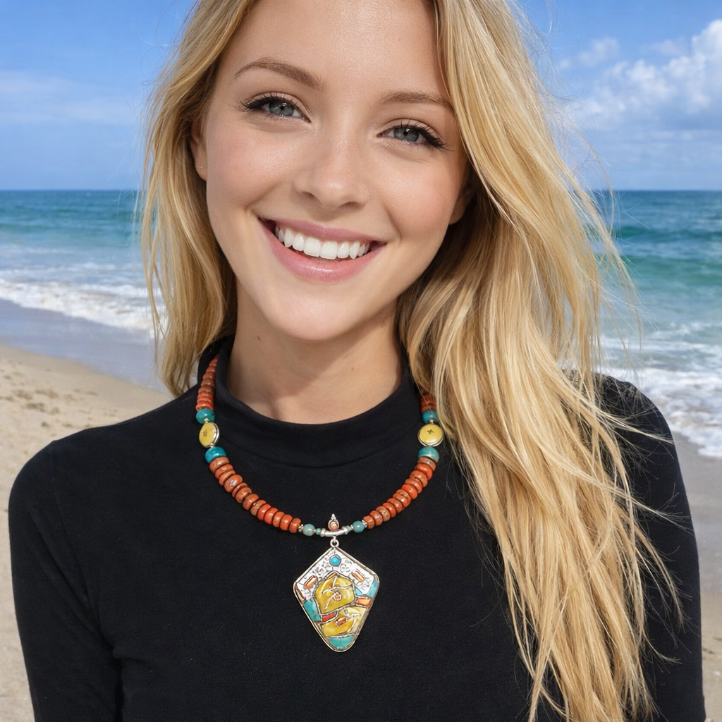 Collana etnica tibetana in argento 925 con corallo - VIJAYAPURI