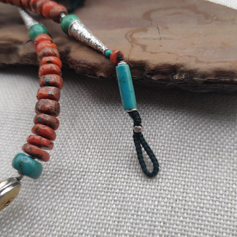 Collana etnica tibetana in argento 925 con corallo - VIJAYAPURI