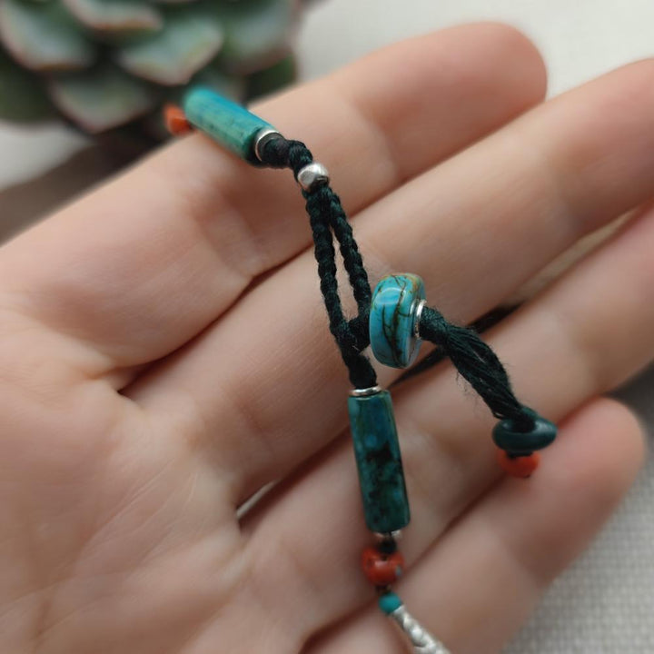 Collana etnica tibetana in argento 925 con corallo - VIJAYAPURI