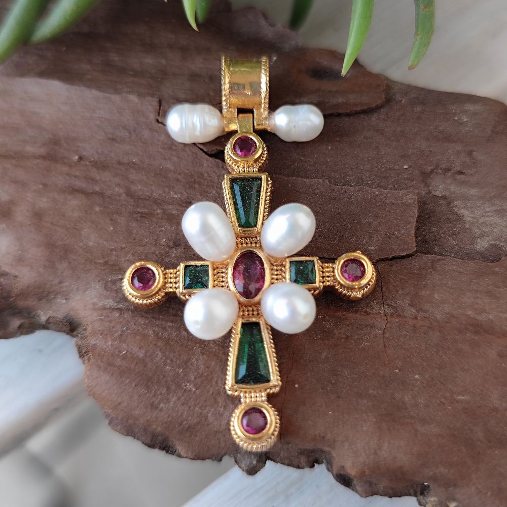 Ciondolo croce in argento 925 dorato con pietra - PURWA