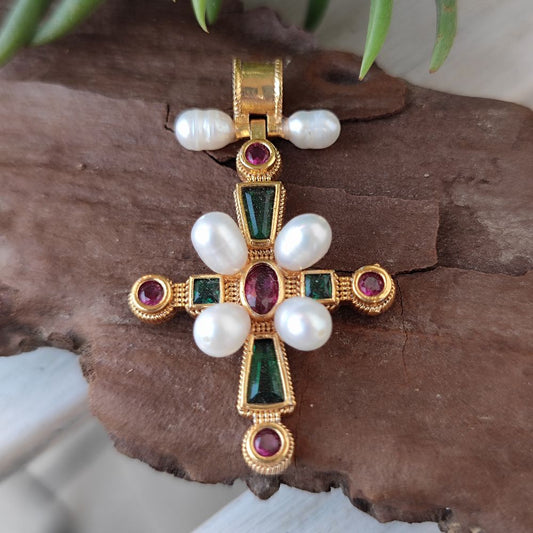 Ciondolo croce in argento 925 dorato con pietra - PURWA