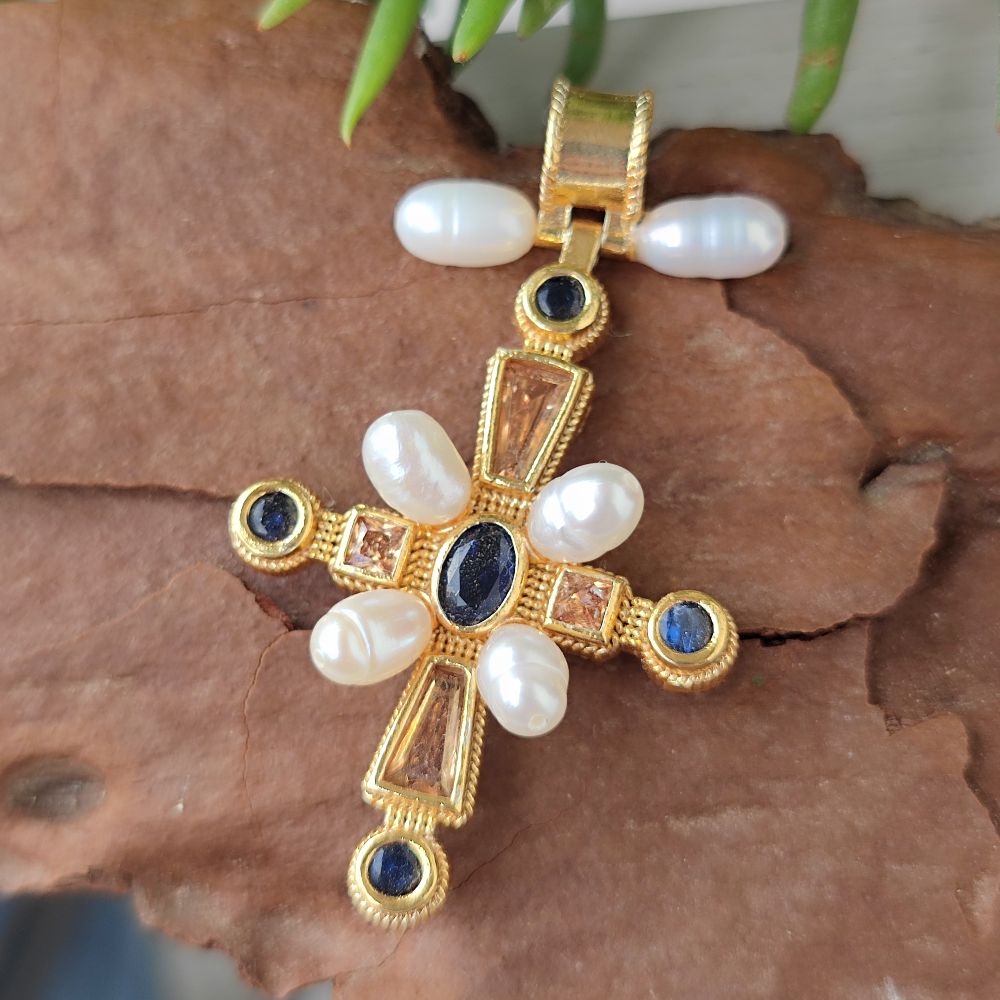 Ciondolo croce in argento 925 dorato con pietra - PURWA