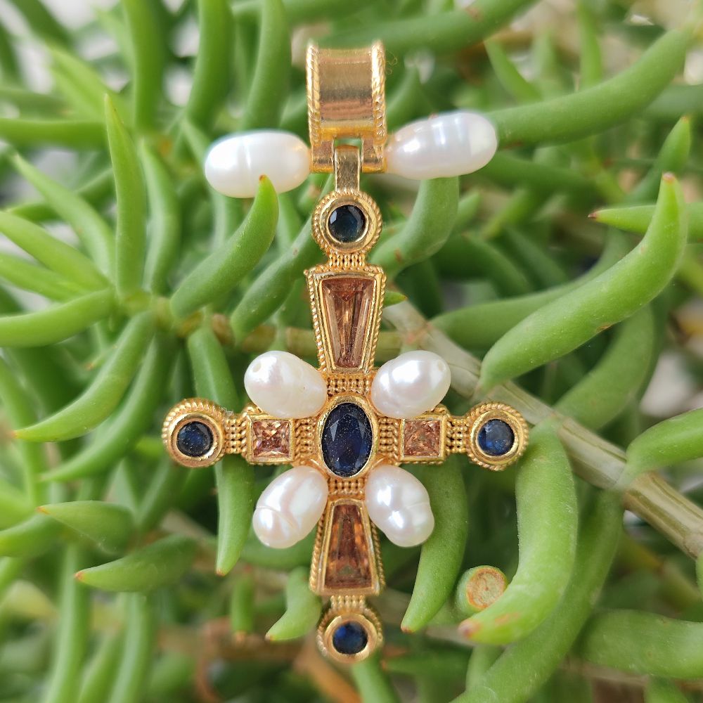 Ciondolo croce in argento 925 dorato con pietra - PURWA