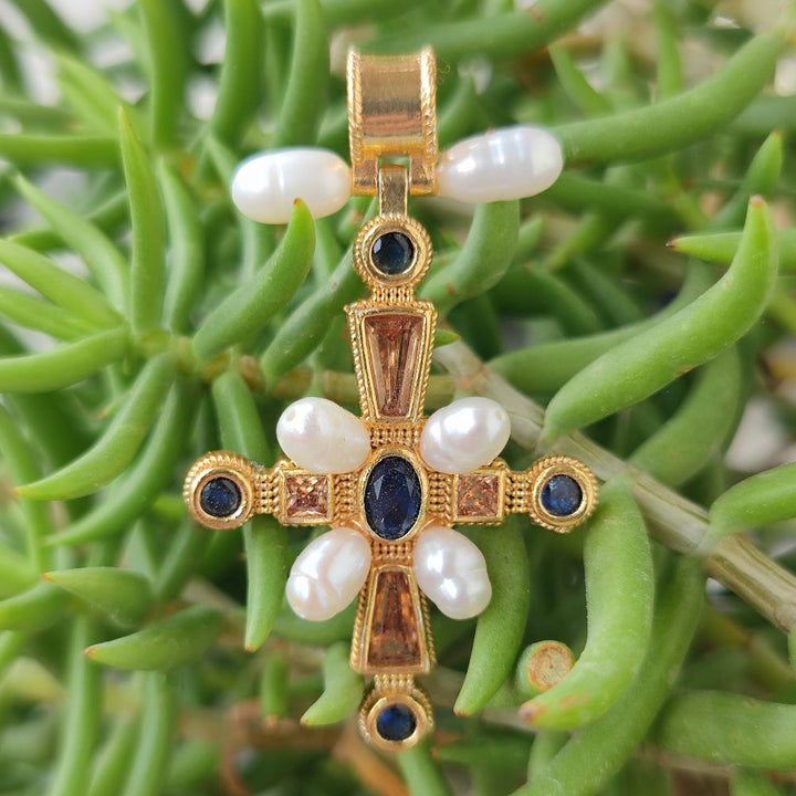 Ciondolo croce in argento 925 dorato con pietra - PURWA