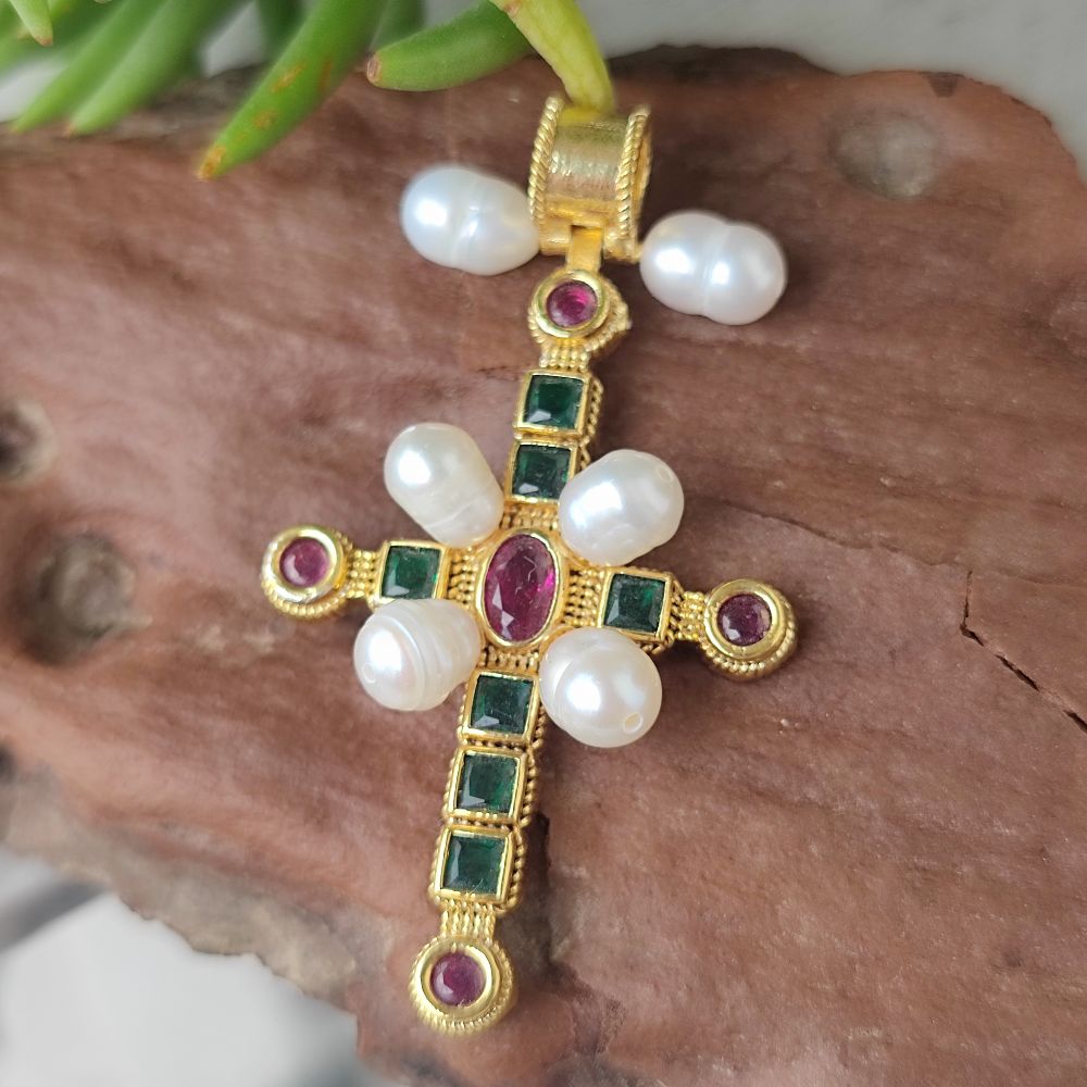 Ciondolo croce in argento 925 dorato con pietra - LULUNG