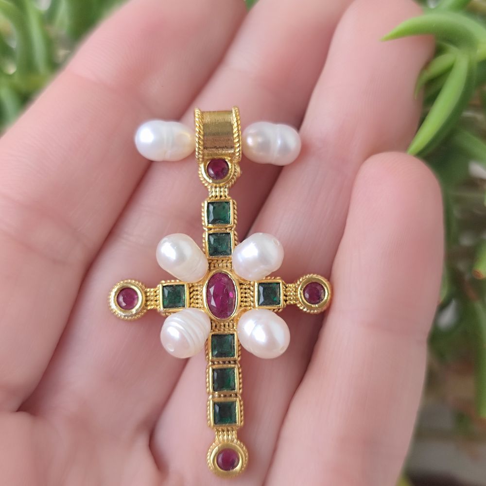 Ciondolo croce in argento 925 dorato con pietra - LULUNG