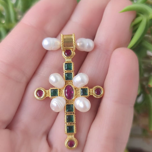 Ciondolo croce in argento 925 dorato con pietra - LULUNG