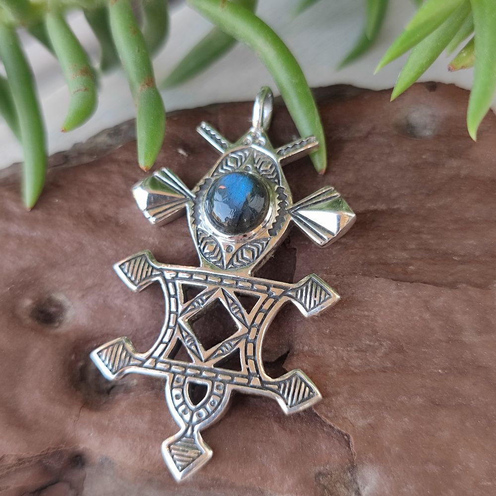 Ciondolo croce Tuareg in argento 925 con pietra - HEUTA