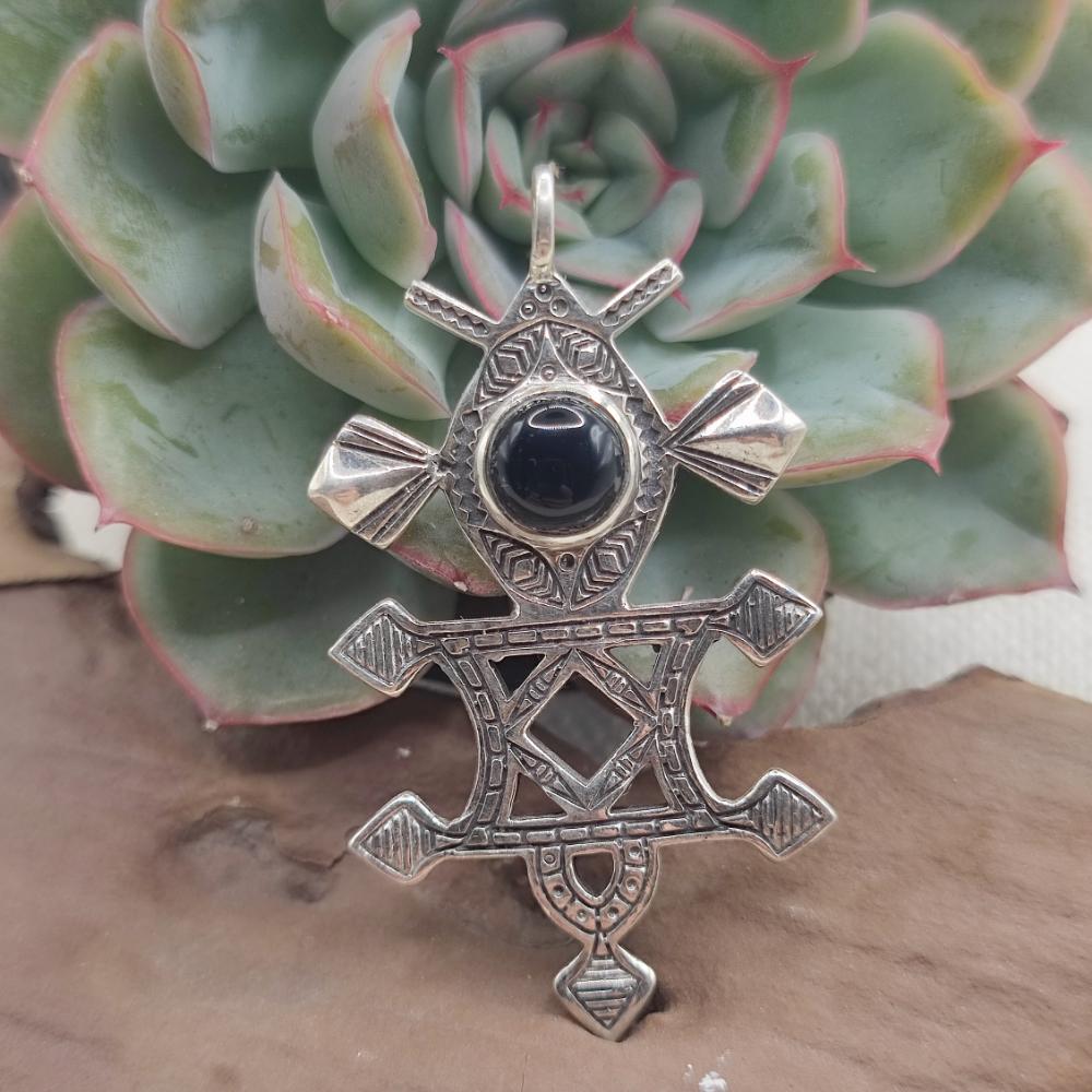 Ciondolo croce Tuareg in argento 925 con pietra - HEUTA
