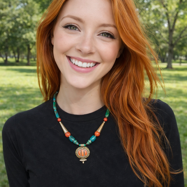 Collana etnica tibetana in argento 925 con corallo - VISAKHA