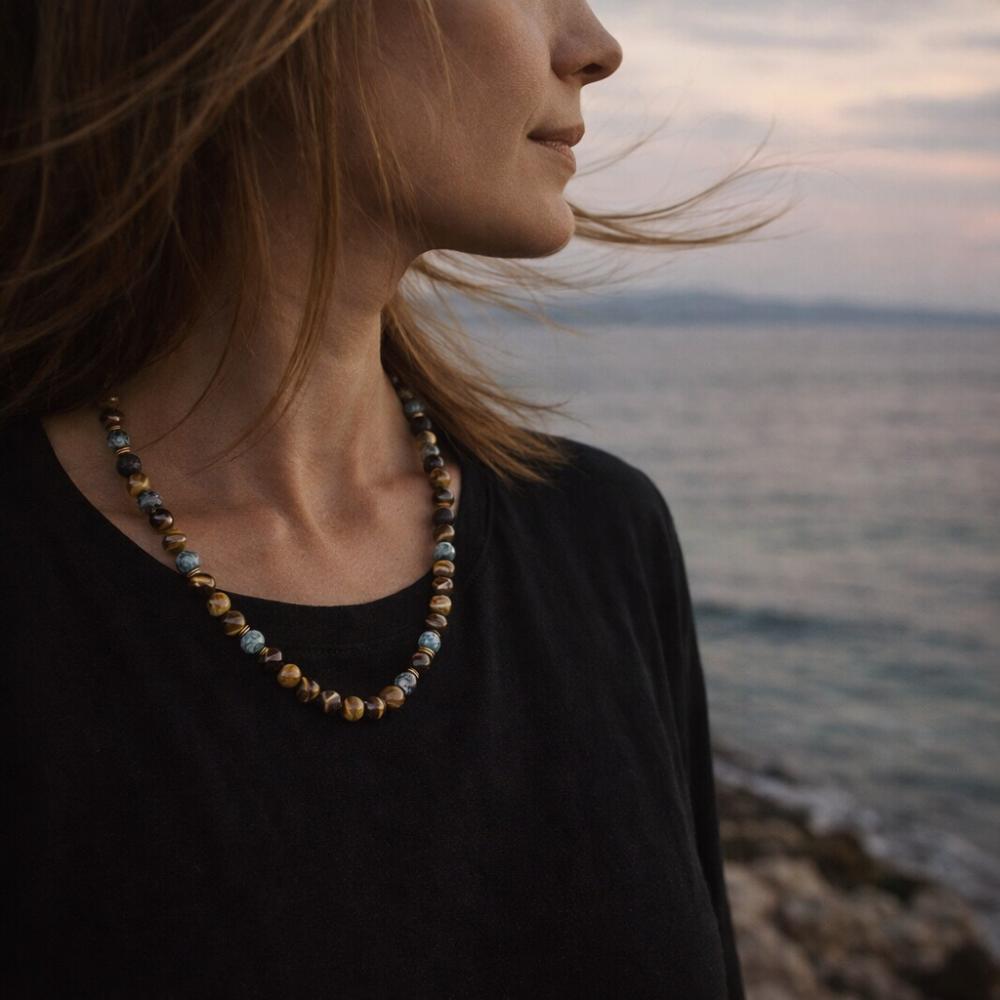 Collana artigianale occhio di tigre in acciaio - RAIDAK