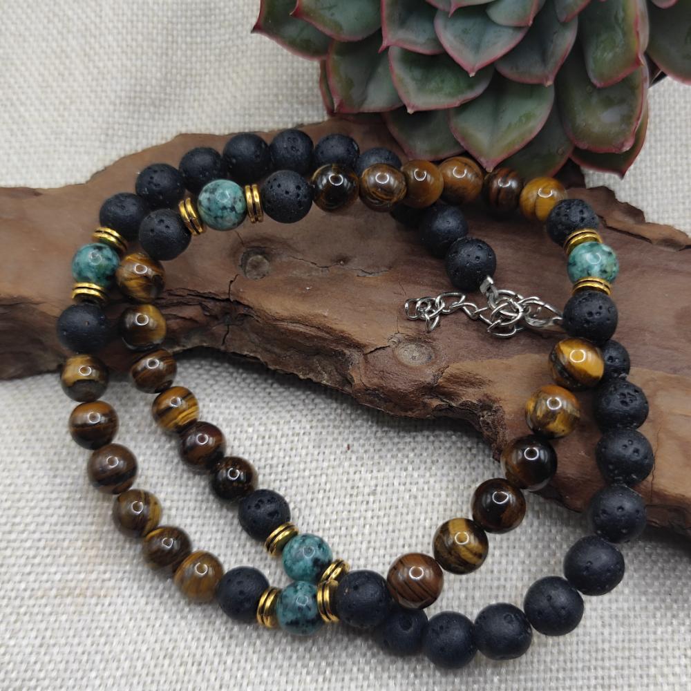 Collana artigianale occhio di tigre in acciaio - RAIDAK