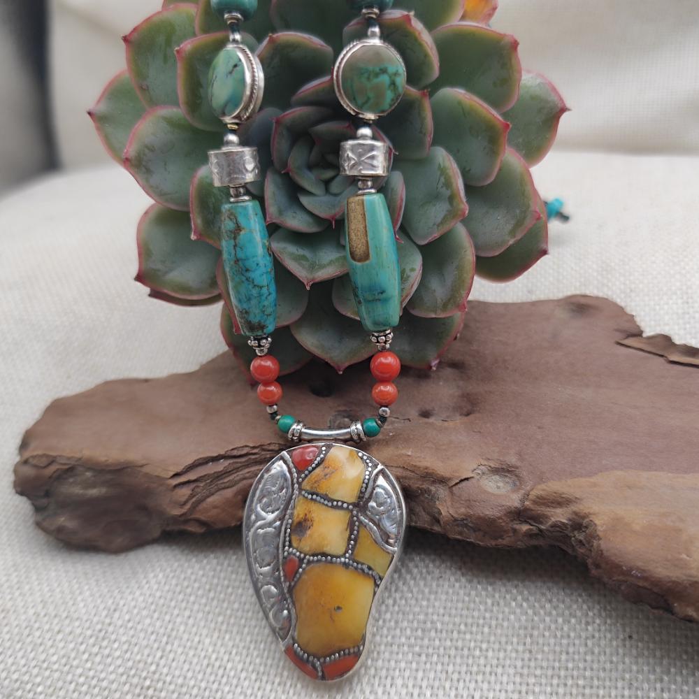 Collana etnica tibetana in argento 925 con turchese - VANA