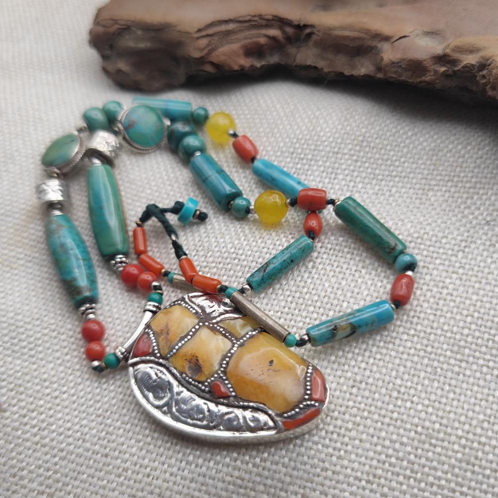Collana etnica tibetana in argento 925 con turchese - VANA
