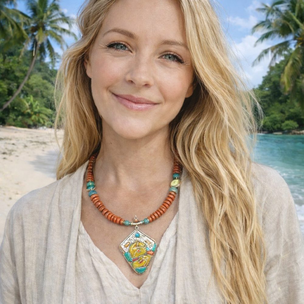 Collana etnica tibetana in argento 925 con corallo - VIJAYAPURI