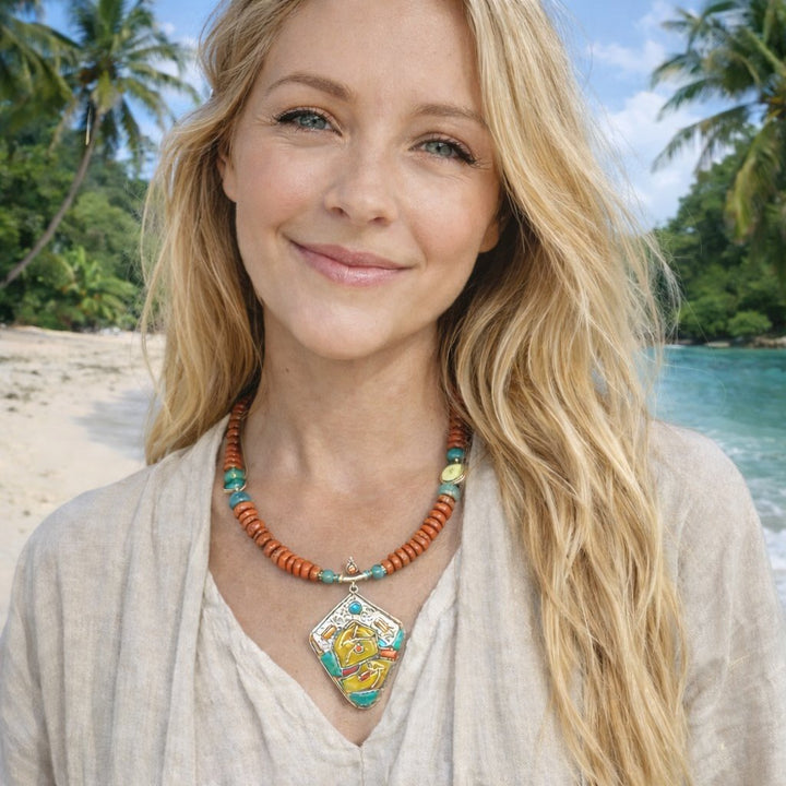 Tibetan Ethnic Necklace in 925 Silver with Coral - VIJAYAPURI