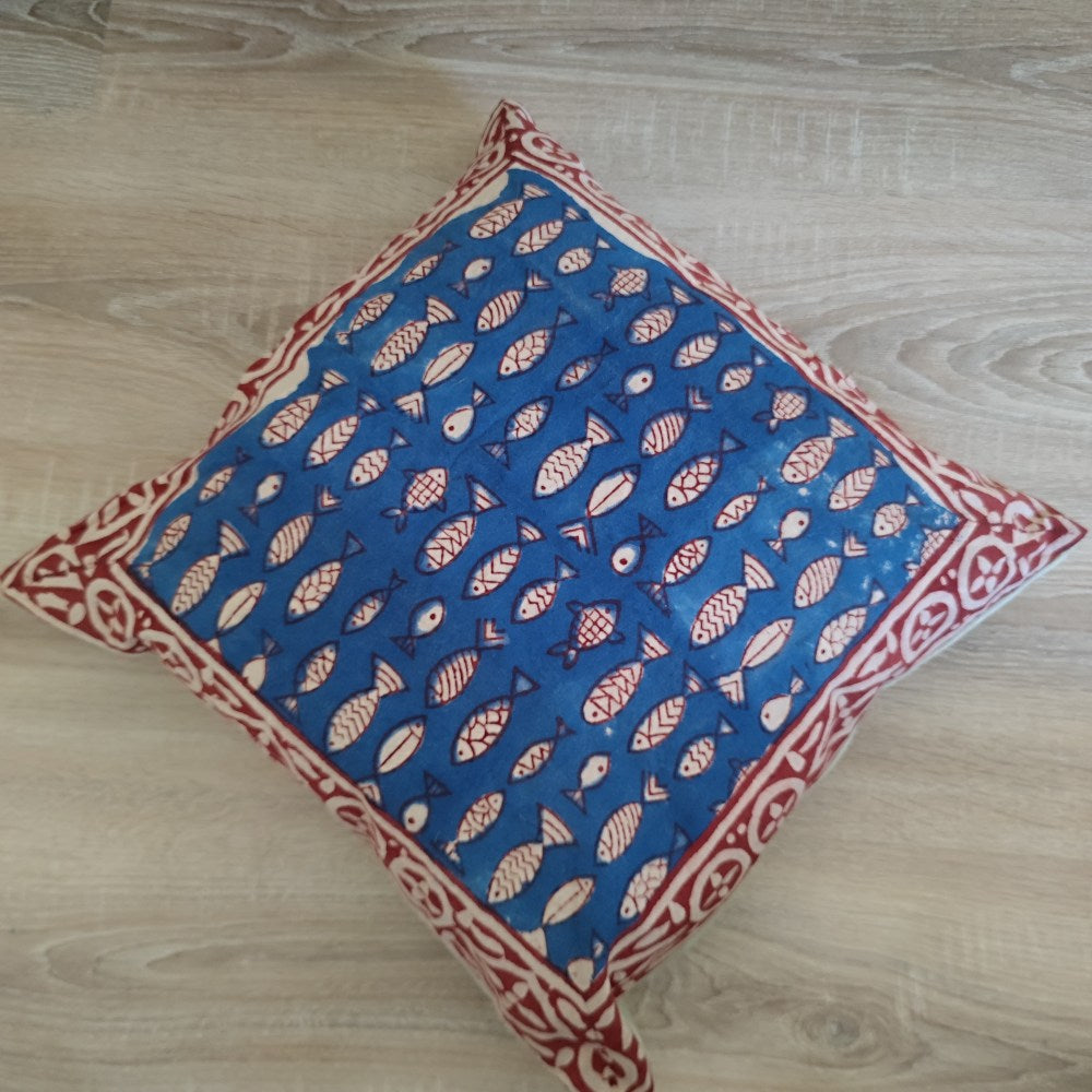 Copricuscino blu in cotone con pesci - BU