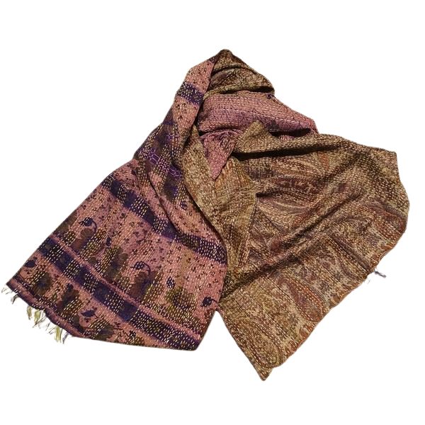 Sciarpa KANTHA con tessuti vintage misto seta ricamo a mano verde - rosa antico – immagine1