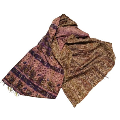 Sciarpa KANTHA con tessuti vintage misto seta ricamo a mano verde - rosa antico – immagine1