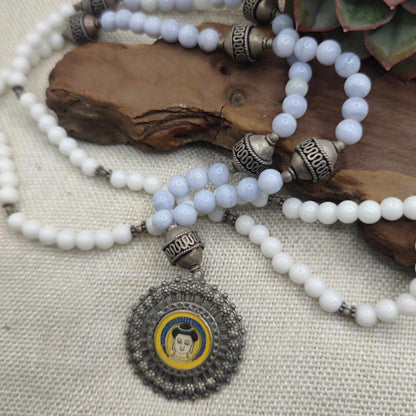 JAPA MALA con CALCEDONIO, Agata bianca e BUDDHA