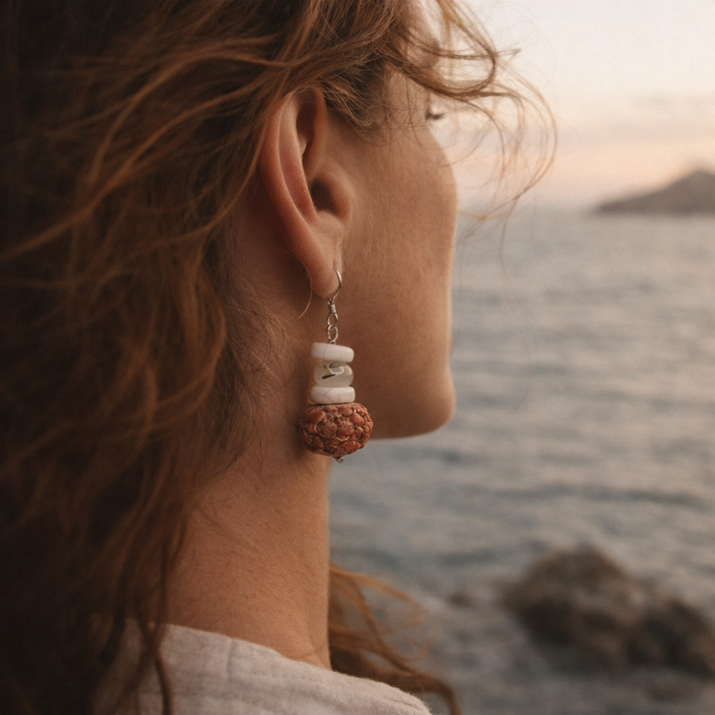 Orecchini etnici in argento 925 con rudraksha - DEMODAR