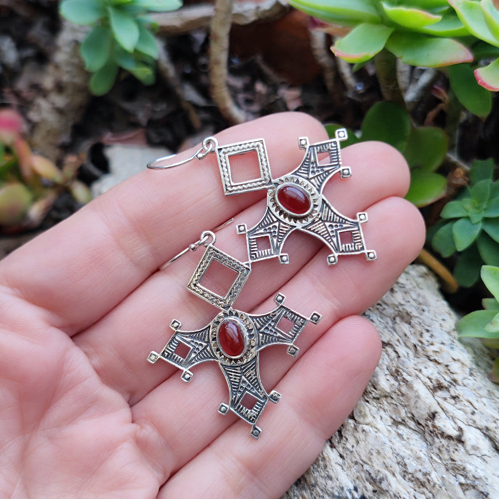 Orecchini etnici in argento 925 pietra corniola - DWARKA