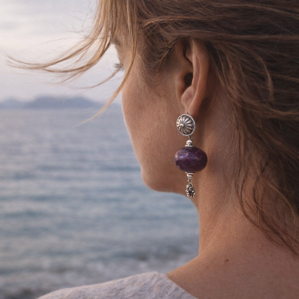 Orecchini artigianali in argento 925 radice di rubino - INDIRA