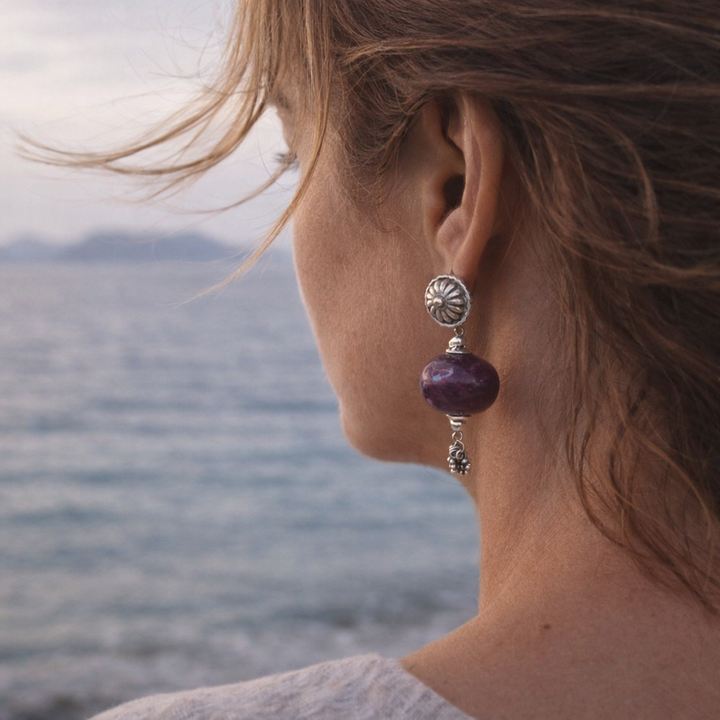 Orecchini artigianali in argento 925 radice di rubino - INDIRA