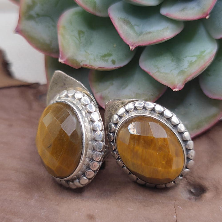 Orecchini clip in argento 925 con occhio di tigre - JHELUM