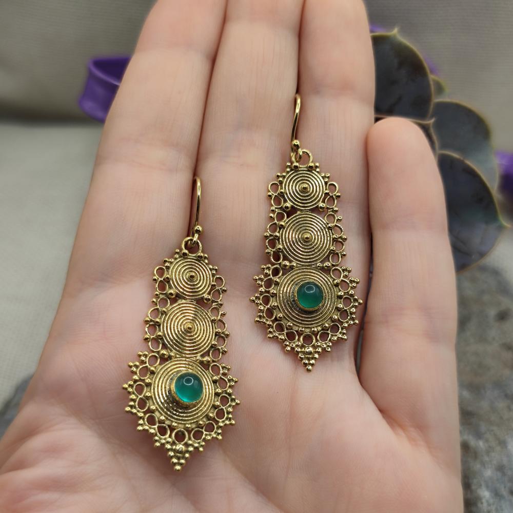 ORECCHINI etnici in ottone con agata verde - ARANYESH