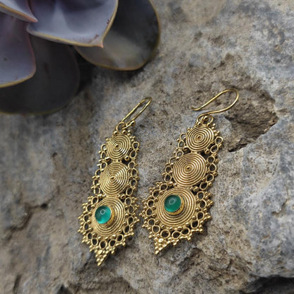 ORECCHINI etnici in ottone con agata verde - ARANYESH